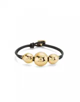 Pulsera de cuero negro con tres cuentas esféricas grandes de aleación de metales bañadas en oro de 18k.