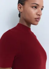 Vestido corto de tejido de punto fino en color bordó, con cuello perkins y mangas cortas. Presenta un diseño evasé que se ajusta suavemente al cuerpo.