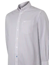 Camisa de manga larga RKF con estampado de cuadros pequeños en tonos azul, rojo y blanco. Presenta cuello button-down, bolsillo frontal en el pecho con logo bordado y cierre de botones.
