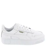 Championes Puma Carina Street Plataforma de mujer, color blanco con logo dorado. Presentan una suela de goma durable y antideslizante, y una entresuela acolchada.