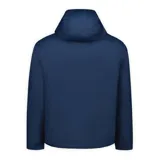 Chaqueta impermeable de nylon reciclado color azul marino, con capucha ajustable, cierre frontal, bolsillos laterales con cierre y puños con velcro.