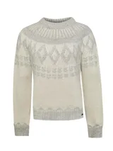 Sweater de punto con diseño jacquard circular en el yugo, mangas y ruedo. Presenta cuello redondo, mangas largas y puños acanalados en un tono beige claro con detalles en gris.