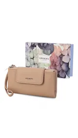 Billetera larga marca Lincoln's de diseño rectangular, confeccionada en símil cuero color marrón claro. Presenta una tapa frontal con cierre de broche, correa de mano lateral y compartimento principal con cierre metálico.