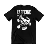 Remera negra de algodón con estampa frontal en color blanco que representa una taza de café con brazos y piernas en estilo cartoon.