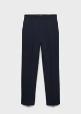 Pantalón de vestir azul marino de tiro medio, con bolsillos laterales, bolsillos de ribete traseros y diseño recto con botamanga con vuelta.