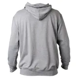 Canguro con capucha y cordones ajustables, de color gris melange, con bolsillo tipo canguro al frente y logo estampado de la marca Xcel en el pecho.
