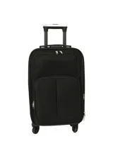 Valija carry on negra de tela twill, con bolsillos frontales con cierre, cuatro ruedas multidireccionales y asa telescópica ajustable.
