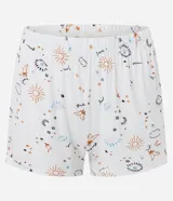 Conjunto de pijama compuesto por musculosa de rib color celeste con breteles finos y encaje en el escote, y short blanco con estampado de amuletos.