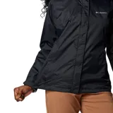 Campera impermeable Columbia modelo Arcadia II, color negro, con tecnología Omni-Tech, costuras selladas, capucha ajustable, cierre frontal y bolsillos laterales con cremallera.