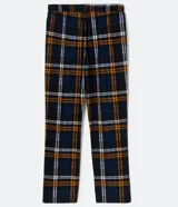 Pantalón de pijama masculino con cintura elástica y estampado a cuadros en tonos azul, naranja y blanco.