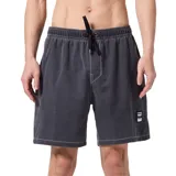 Boardshort de baño de corte holgado, color negro con efecto lavado y costuras contrastantes en blanco. Presenta cintura elástica con cordón ajustable negro y un pequeño parche con logo en la parte inferior izquierda.