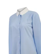 Blusa de manga larga confeccionada en algodón con diseño de rayas finas celestes y blancas. Presenta cuello camisero y puños en color blanco contrastante, con cierre frontal de botones.