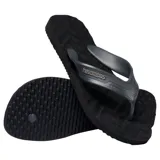 Sandalias tipo ojota Havaianas modelo Track Waves para hombre, de color negro, con tiras anchas texturizadas y suela de goma con diseño de ondas.