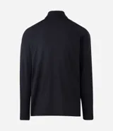 Remera deportiva térmica de manga larga color negro, con cuello alto y cremallera frontal. Presenta sisas raglán y recortes, sin estampado.