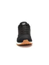 Championes Caterpillar modelo Ventura para mujer, de color negro con suela de goma caramelo y entresuela blanca. Confeccionados con capellada de gamuza y lona, cordones negros y el logo de la marca impreso en el lateral y la lengüeta.