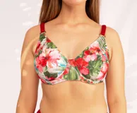 Soutien de baño con aro y breteles regulables, confeccionado con tela que contiene fibra LYCRA® XTRA LIFE™, con estampado de flores rojas y hojas verdes.