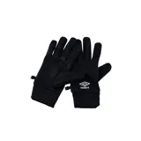 Guantes deportivos Umbro de color negro, con el logo de la marca impreso en blanco en el dorso y un clip plástico de sujeción lateral.