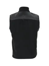 Chaleco de polar negro con cierre frontal completo, cuello alto y bolsillo frontal con solapa en el pecho que incluye el logo de la marca.