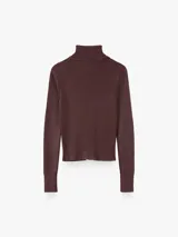 Cardigan de punto en color marrón oscuro, con cuello alto y cierre frontal completo de cremallera.