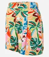 Short de viscosa con estampado de follaje y tucanes, de cintura alta con elástico y bajo dobladillado.