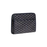 Neceser Goyard Jouvence MM confeccionado en lona con el icónico estampado chevron tridimensional de la marca en tonos azules, marrones y blancos, con ribetes y detalles en cuero azul marino y cierre de cremallera superior.