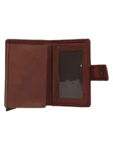 Billetera tipo tarjetero de cuero marrón, con cierre a presión y logo grabado de un pato en la parte inferior.