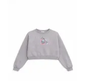 Buzo gris melange de cuello redondo, confeccionado en mezcla de algodón y poliéster, con diseño cropped, puños y dobladillo elásticos, y pequeño estampado frontal.