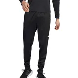 Pantalón de entrenamiento Adidas negro con logo blanco en la pierna izquierda, corte ajustado, bolsillos laterales con cierre y tecnología Aeroready.