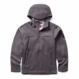 Campera impermeable Merrell modelo Fallon, color gris oscuro, con capucha ajustable, cierre frontal completo y bolsillos laterales con cierre. Confeccionada en nylon reciclado con tecnología resistente al agua y al viento.