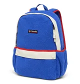 Mochila Columbia Helvetia II 14L de tejido tipo corderito azul, con detalles en color blanco y rojo. Cuenta con compartimento principal con funda acolchada para dispositivos, bolsillo frontal con cierre y solapa, bolsillos laterales para botellas, respaldo y correas ajustables acolchadas.