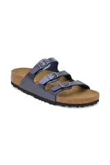 Sandalias Birkenstock modelo Florida Bf Graceful, color azul noche metalizado, con tres tiras finas ajustables con hebillas plateadas, plantilla anatómica de corcho-látex y suela de goma.