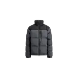 Campera puffer Polo Ralph Lauren en combinación de gris oscuro y negro, con cuello alto, cierre frontal completo y bolsillos laterales con cierre. Presenta diseño acolchado horizontal y el logo bordado en el pecho.
