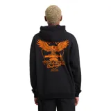 Canguro Volcom modelo ABG Hammered de color negro, confeccionado en mezcla de algodón y poliéster. Presenta capucha con cordón ajustable, bolsillo frontal tipo canguro y diseño gráfico de un águila estampada en color naranja en el pecho.