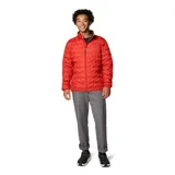 Campera técnica de plumón Columbia, color rojo, con tecnología Omni-Heat termorreflectante y construcción HeatSeal sin costuras. Cuenta con cierre frontal completo, cuello alto con protección para la barbilla, bolsillos laterales con cierre y puños ribeteados.