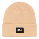 Gorro de lana color crema con logo de Caterpillar en el frente.