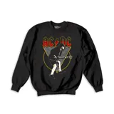 Buzo de cuello redondo color negro, con estampa frontal de la banda AC/DC que incluye el logo y una ilustración de Angus Young tocando la guitarra dentro de un diseño geométrico.
