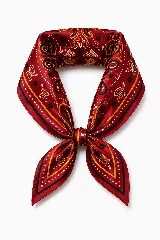 Pañuelo cuadrado de satén con estampado paisley en tonos rojos, negros, blancos y amarillos. Presenta un diseño clásico con bordes definidos y acabado brillante.