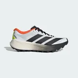 Championes de trail running Adidas Terrex Agravic 4, con diseño técnico en colores blanco, negro, naranja y amarillo neón. Presentan exterior de tela con revestimientos de TPU, mediasuela Lightstrike y suela de caucho Continental para mayor tracción.