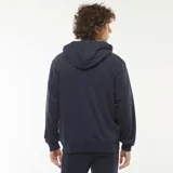 Buzo azul marino con capucha, cierre frontal con cremallera y bolsillos laterales.