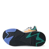 Championes Puma RS-X Hard Drive, zapatillas deportivas de estilo chunky con combinación de colores gris claro, naranja, azul turquesa y azul oscuro. Presentan una mezcla de materiales en el upper y una suela gruesa y texturizada.