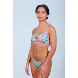 Bikini de dos piezas con estampado floral en tonos turquesa y fucsia. El top presenta un diseño tipo cut-out con tiras cruzadas en la parte inferior y breteles finos. La bombacha es de corte tanga con laterales ajustables.