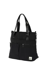 Bolso negro tipo tote de poliamida con doble asa de hombro, bolsillos frontales con cierre y tiradores circulares.