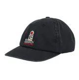 Gorra de visera curva Rip Curl color negro con efecto gastado, confeccionada en algodón. Presenta el logo bordado en el frente en tonos gris, beige y rojo.