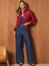 Pantalón de jean azul oscuro, corte palazzo con costuras verticales al frente.