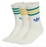 Pack de tres pares de medias tipo crew Adidas, color blanco con detalles de rayas y logo del trifolio en colores verde, amarillo y azul.