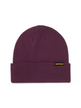 Gorro de lana de punto color bordó, con diseño clásico de puño enrollado y etiqueta frontal con el logo de la marca Caterpillar.