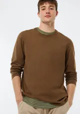 Remera marrón de manga larga, cuello redondo y diseño liso básico.