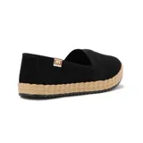 Zapatilla estilo alpargata Moleca para mujer, color negro, con diseño perforado en la capellada, banda elástica cruzada sobre el empeine y detalle de yute trenzado alrededor de la suela.