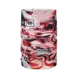 Cuello multifuncional de la colaboración Buff x 686, diseñado con tecnología Thermonet para un alto rendimiento térmico. Presenta un estampado abstracto con tonos rosados, rojos y negros, confeccionado con fibras aislantes PrimaLoft y tejido transpirable sin costuras.