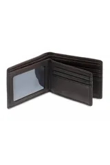Billetera de cuero marrón con diseño clásico plegable, compartimentos para tarjetas y visor transparente para documentos.